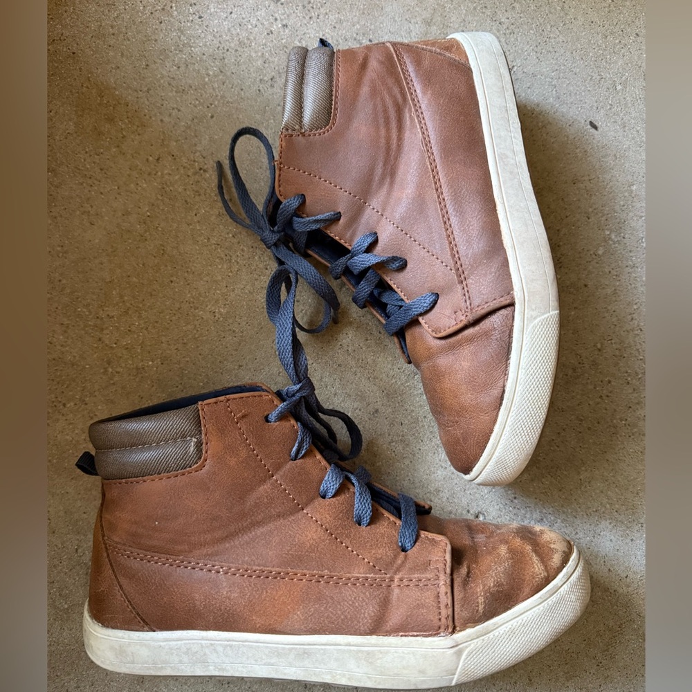 Wonder Nation Boys Brown Faux Leather Boots Size 4 Lace-Up HIGH TOP